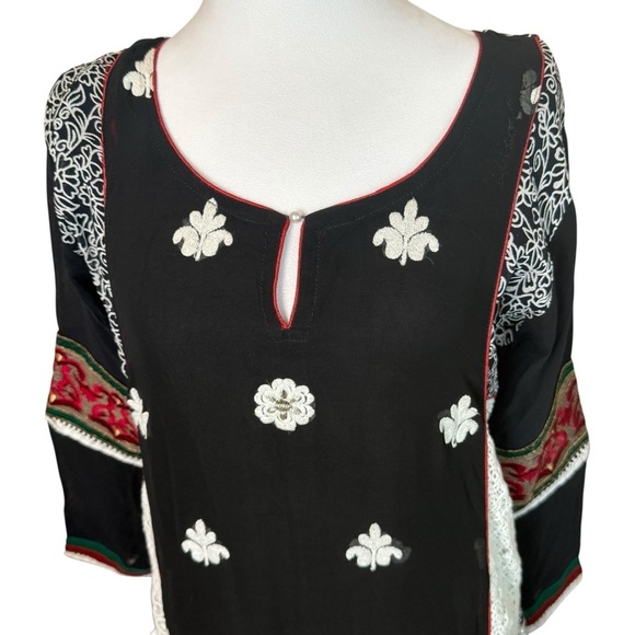 Asopalav Indian Salwar Kameez Black Red White XL Embroidered Lace Sheer Sleeves - Picture 3 of 15